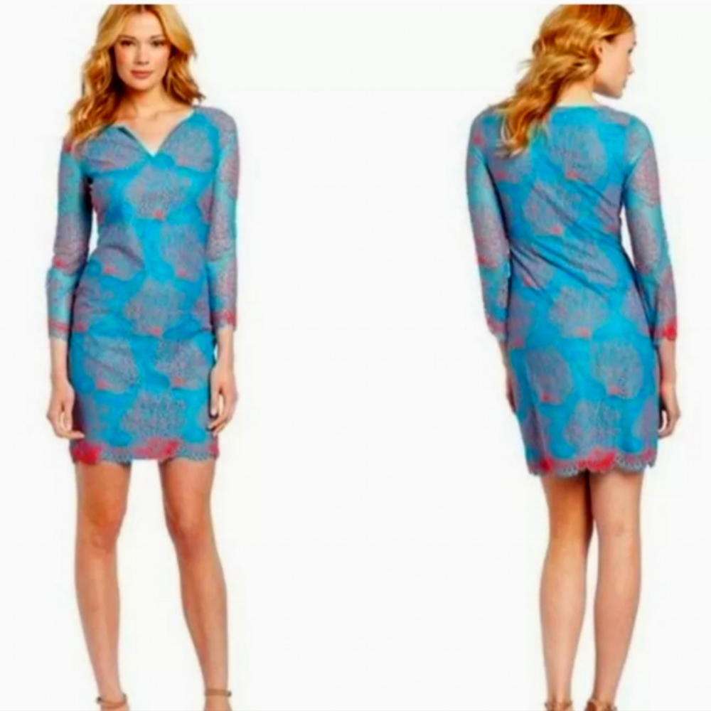 Lilly Pulitzer Wendy Snorkel Blue Coral Mesh Lace Dress sz 0